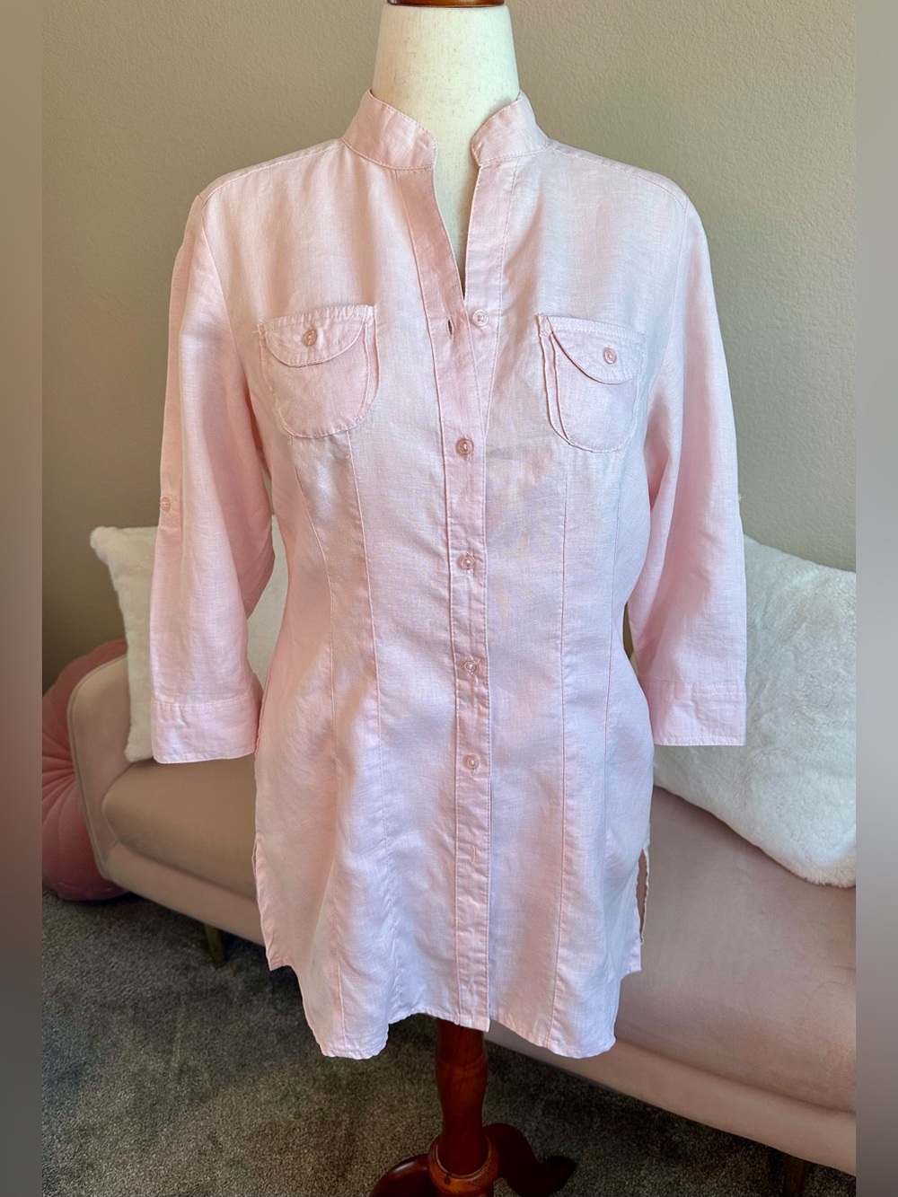 VTG 90s Carole Little Linen Shirt Button Up Tunic Top Ballet Pink Size M Coastal